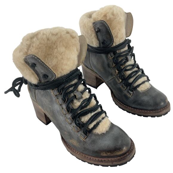 freebird Shoes - Freebird Brown/Gray Leather Shearling Heeled Boots Women’s Size 7 Preowned
